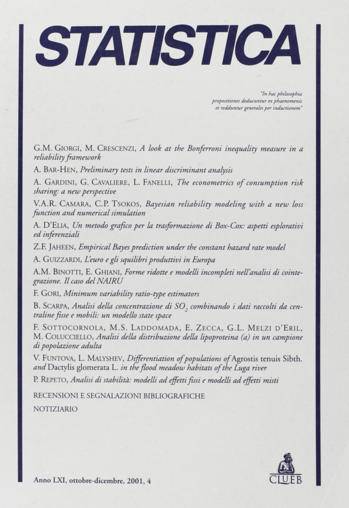Statistica (2001). Vol. 4 Statistica (2001). Vol. 4