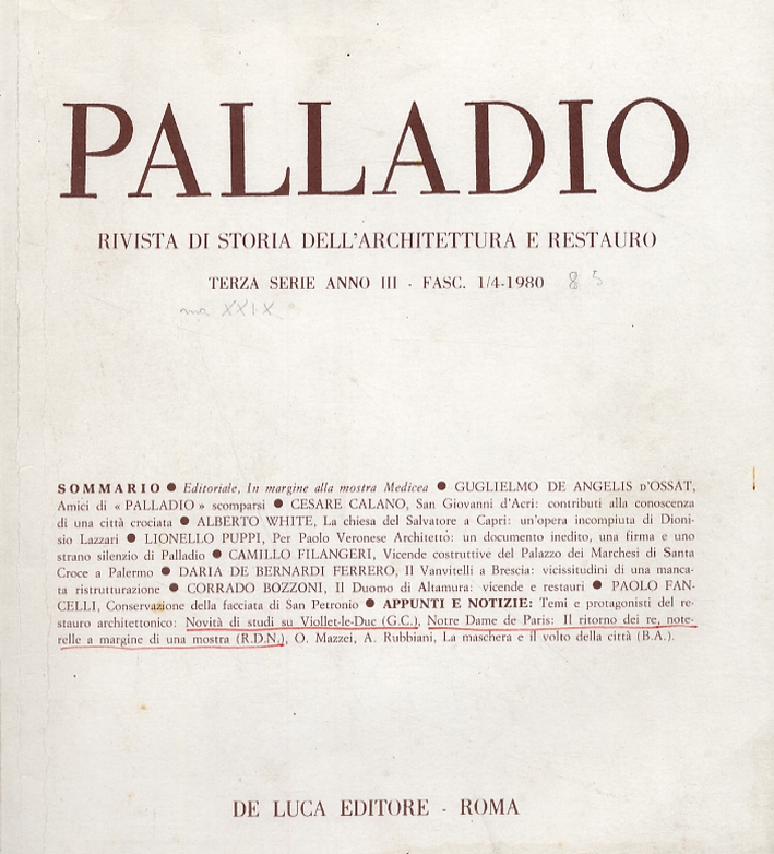 Palladio. Rivista di storia dell'architettura e restauro. Terza serie. Anno III. Fascicolo 1/4. 1980 Palladio. Rivista di storia dell'architettura e restauro. Terza serie. Anno III. Fascicolo 1/4. 1980