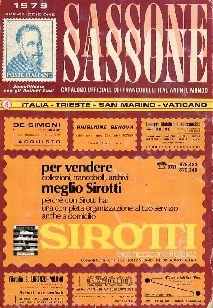 Sassone Completo Catalogo dei Francobolli d'Italia. Trieste. Vaticano. San Marino. XXXVIII Edizione 1979. Sassone Completo Catalogo dei Francobolli d'Italia. Trieste. Vaticano. San Marino. XXXVIII Edizione 1979.
