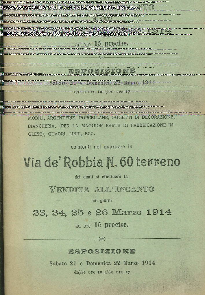 Impresa vendite galardelli. Catalogo dei mobili,argenterie,porcellane,oggetti di decorazione,biancheria,quadri,libri esistenti nel quartiere in via dè Robbia 60 terreno
