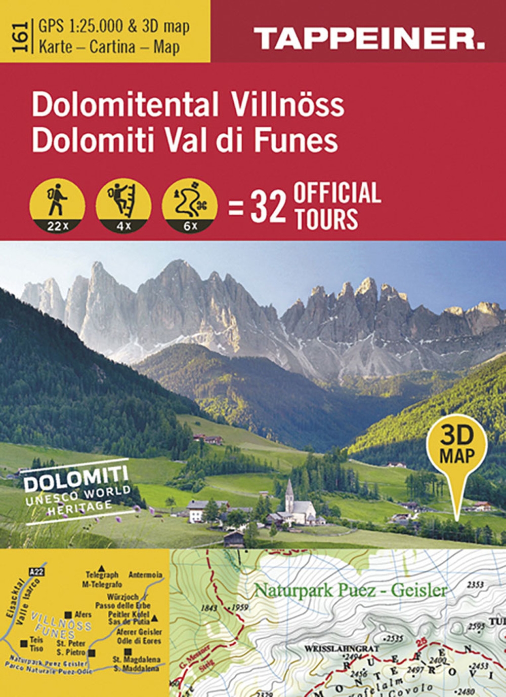 Dolomiti Val di Funes. Cartina topografica. Carta panoramica 3D Dolomiti Val di Funes. Cartina topografica. Carta panoramica 3D