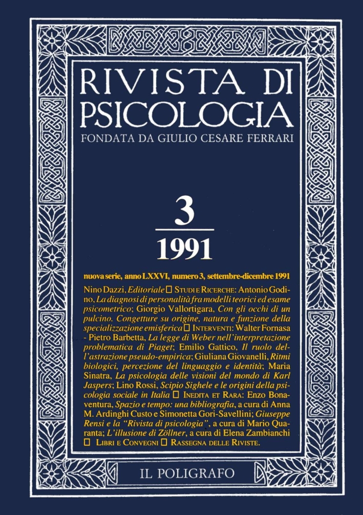 Rivista di psicologia. Vol. 3. Settembre-Dicembre 1991. Rivista di psicologia. Vol. 3. Settembre-Dicembre 1991.
