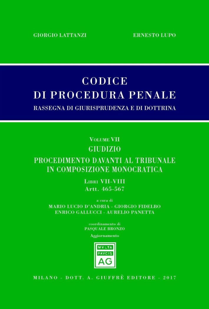 Codice di procedura penale. Rassegna di giurisprudenza e di dottrina. Vol. 7: Giudizio procedimento davanti al tribunale in composizione monocratica Codice di procedura penale. Rassegna di giurisprudenza e di dottrina. Vol. 7: Giudizio procedimento davanti al tribunale in composizione monocratica