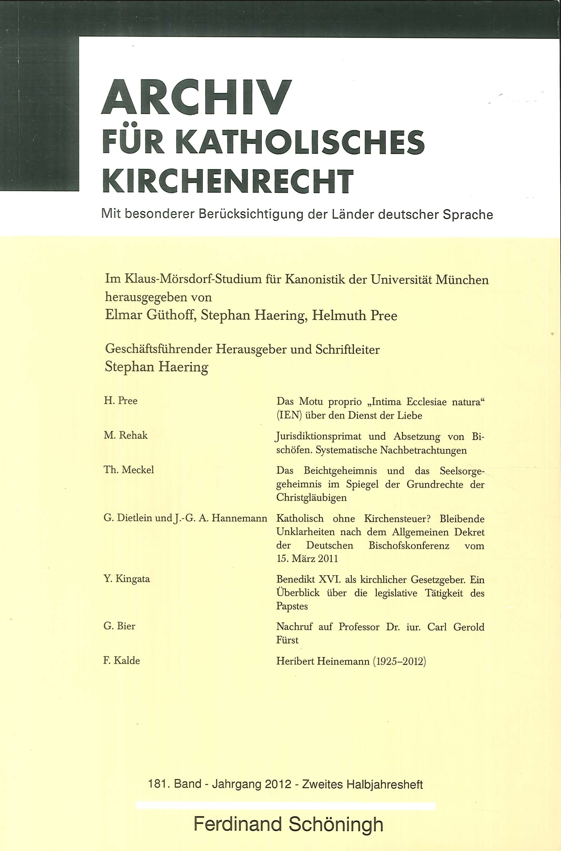 Archiv fuer katholisches Kirchenrecht 181. Jahrgang 2012 Heft 2 Archiv fuer katholisches Kirchenrecht 181. Jahrgang 2012 Heft 2