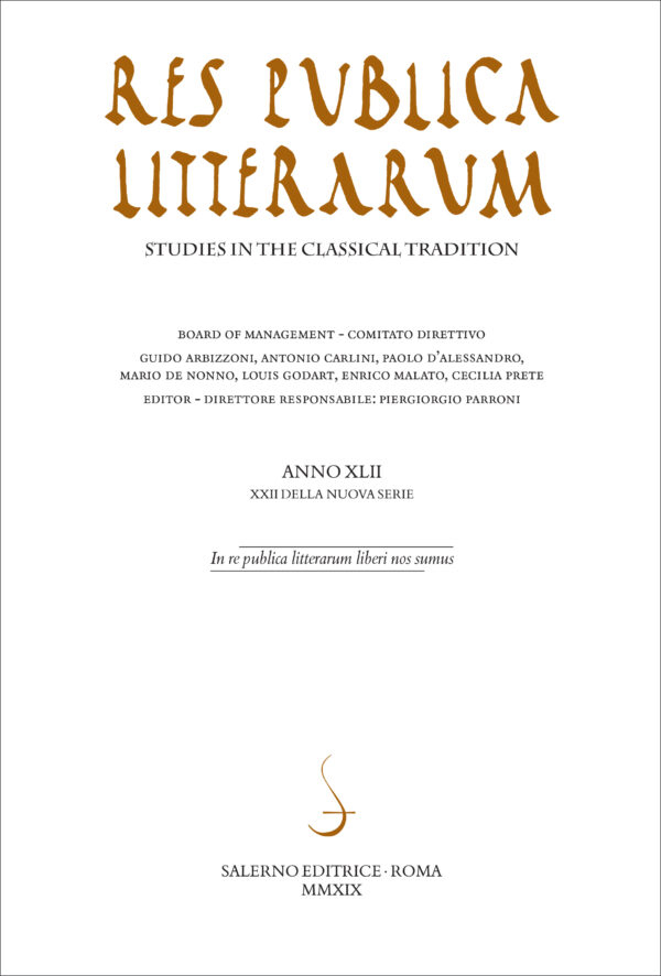 Res Publica Litterarum, Studies in the Classical Tradition.  XLII (2019). XXII della nuova serie.