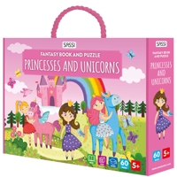 Princesses and unicorns. Fantasy book and puzzle. Con puzzle